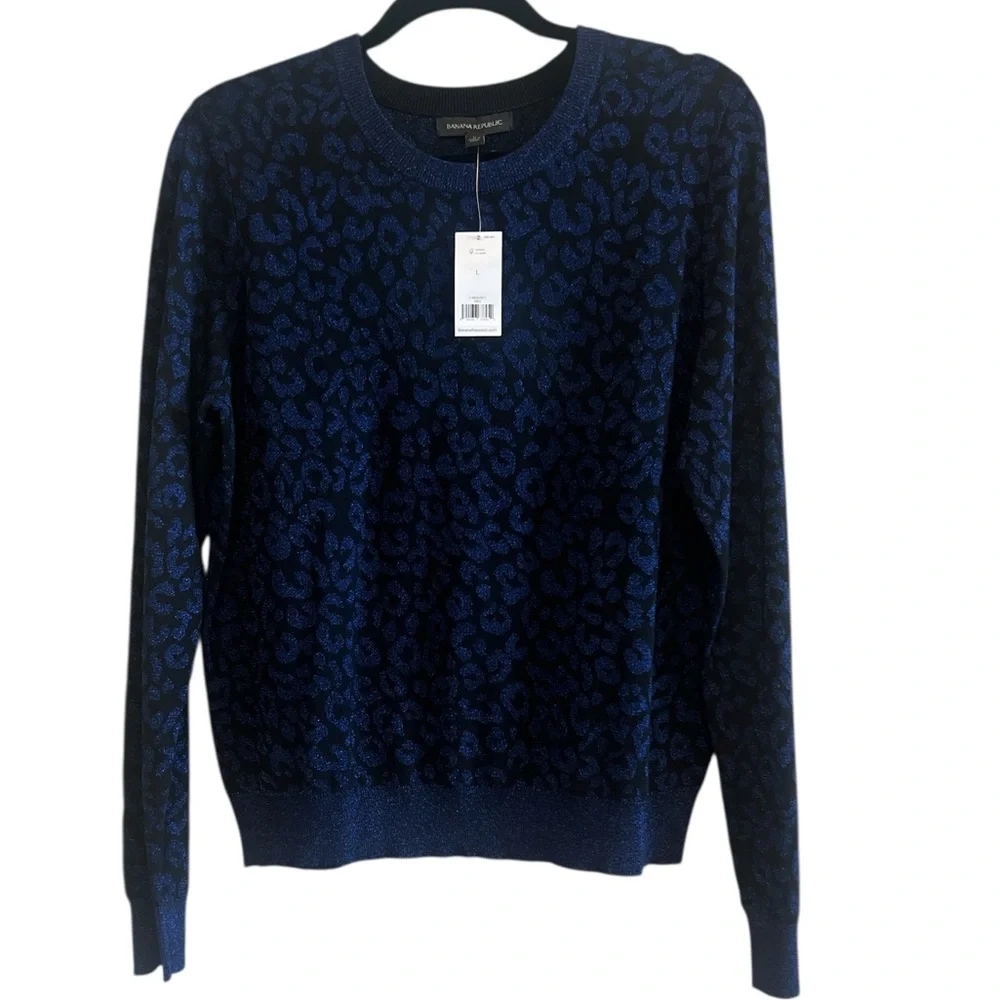 Banana Republic Black And Blue Leopard Print Round Neck Long Sleeve Sweater Lg